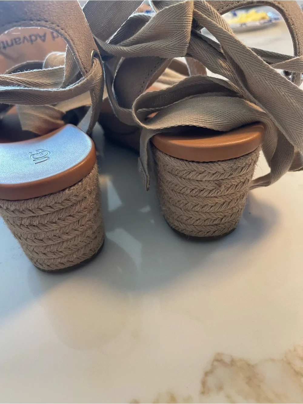 UGG Women's Light Beige Suede Espadrille Wedge Sandals with Ankle Wrap 12M